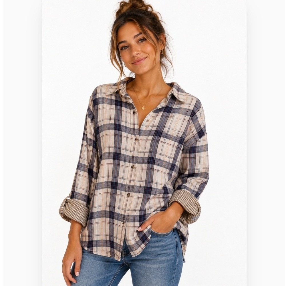 Hatley Sadie Button Down Shirt M Plaid Metallic High Low Hem Granola Girl